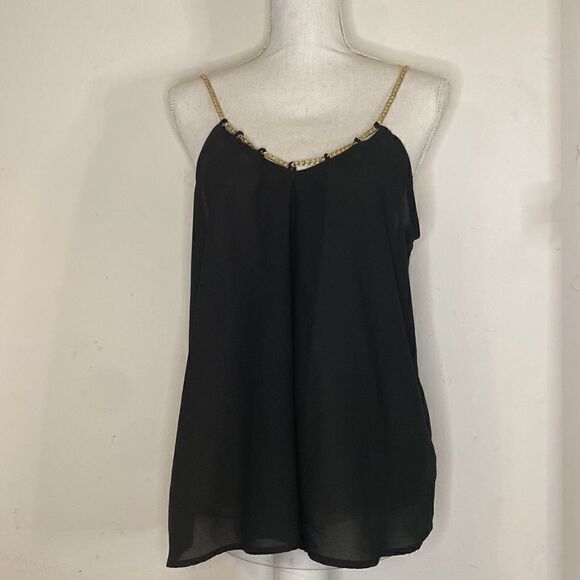 EUC Guess Black Gold Chain Strap Black Slinky Camisole Top - Picture 7 of 11